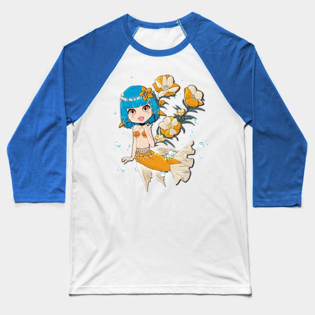 Blue and Orange Mermaid Baseball T-Shirt by Kanna Productions 